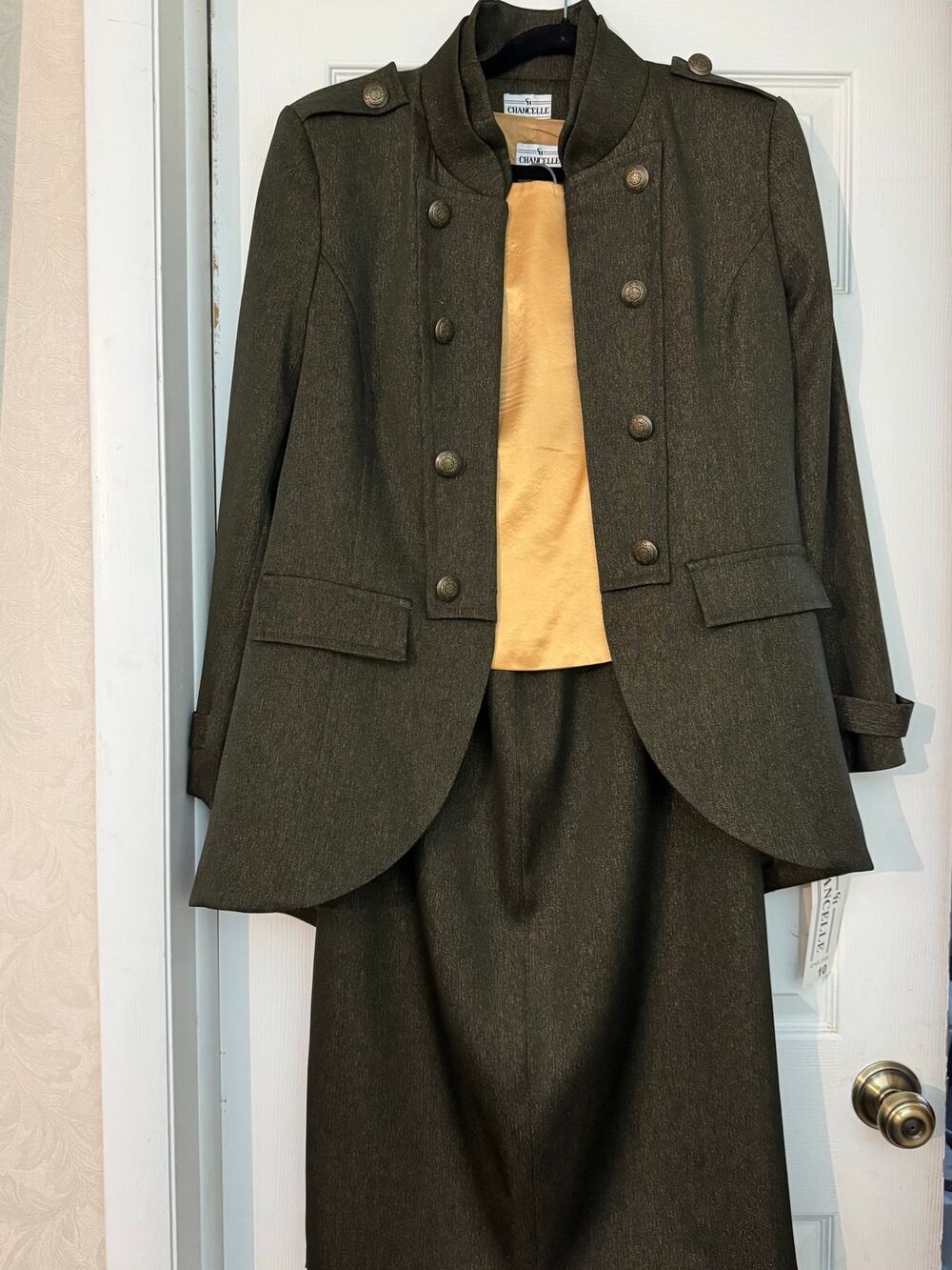 NWT Chancelle 3-Piece Skirt Suit Sz 10 Olive Green Gold Military Cutaway